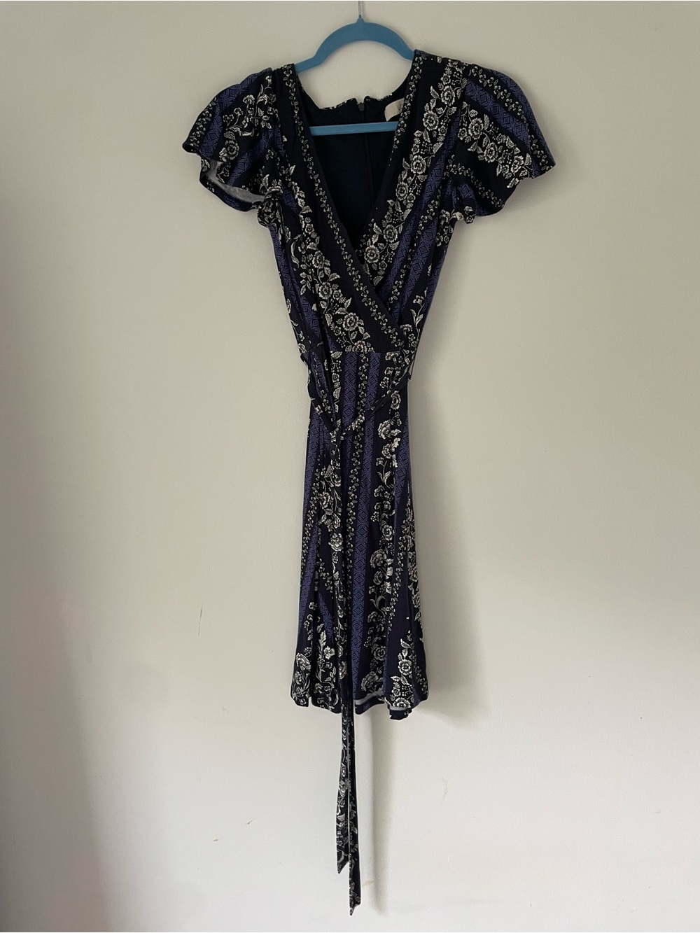 LOFT Black and Navy Floral Wrap Dress with Waist Tie